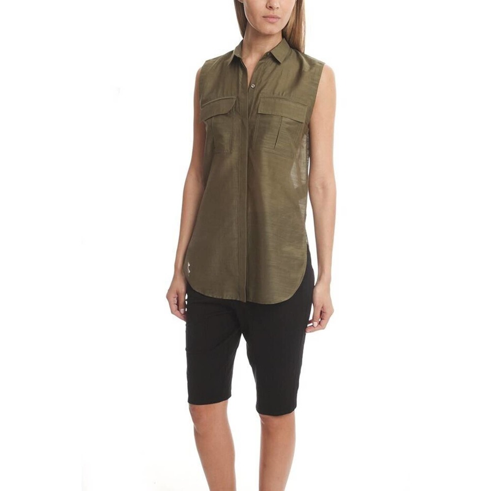 Helmut Lang Women's Green Sleeveless Front Button‎ Silk Blend Shirt Size Large